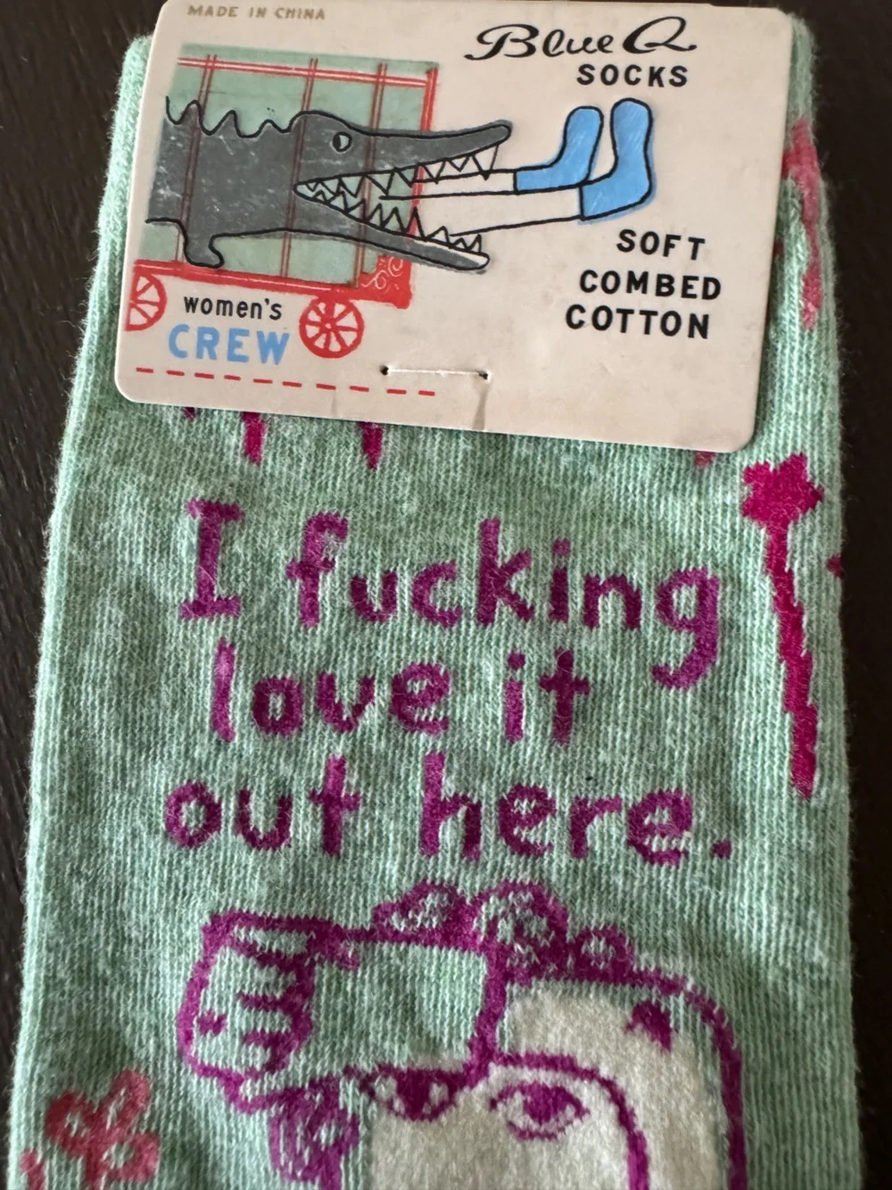 Blue Q Mint Green Socks with Pink Script - Picture 2 of 3